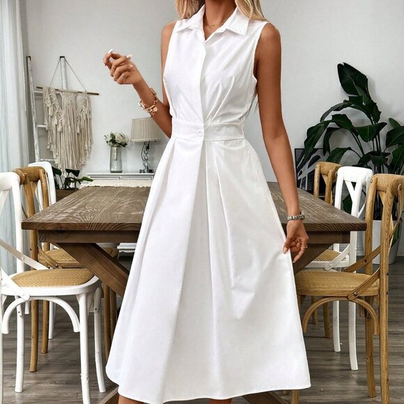White Elegant Women's Shirt Collar Summer Solid Color Sleeveless Dress